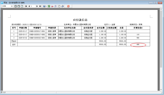 应付款管理界面扩展信息如何在打印模板上显示合计？