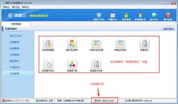 仓库管理软件内如何设置操作员不可进行账套初始化？